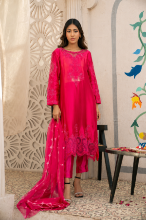 Fuchsia Bloom Embroidered 3 Piece Set